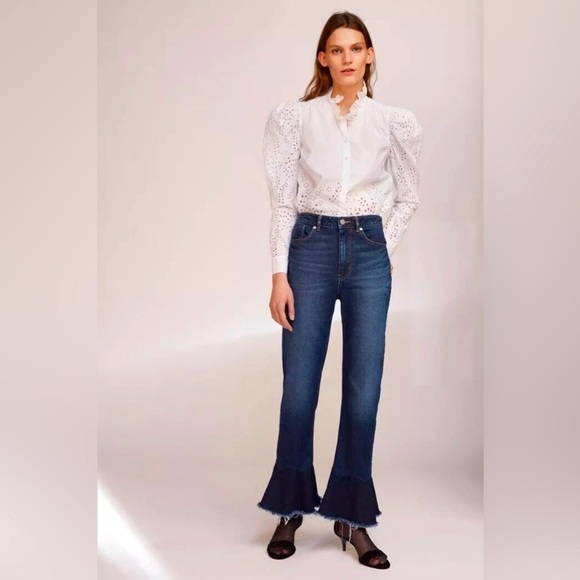 REBECCA TAYLOR LA VIE High Rise Flare Ruffle Hem Jeans Dark Wash 26 - Picture 1 of 10